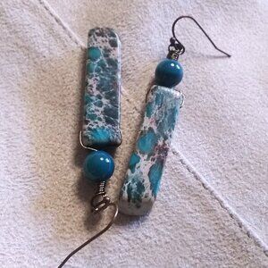 Handmade! Teal Blue & Sand - Sea Sediment Jasper + Agate Earrings! Coastal Beach
